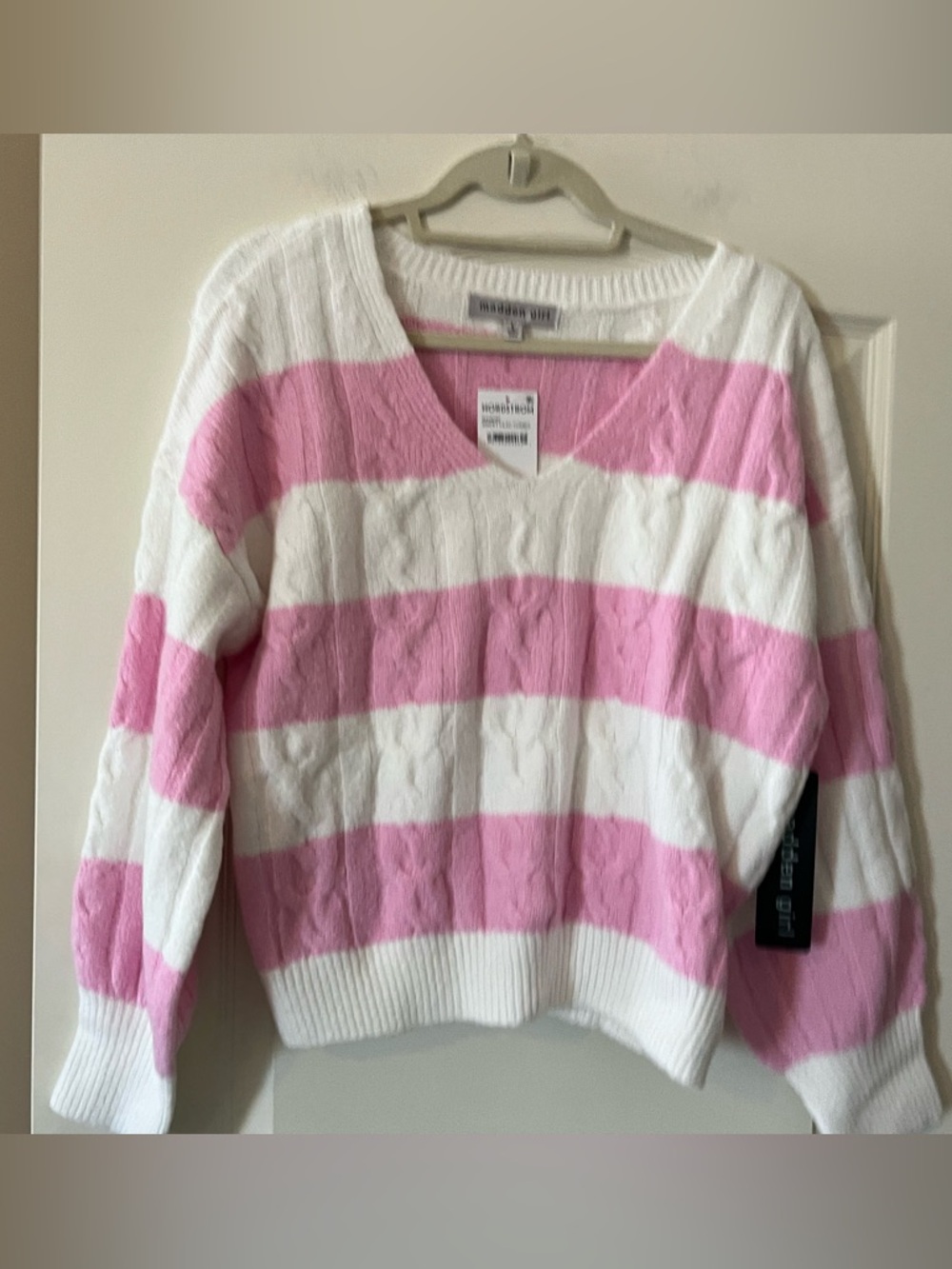 Madden Girl Striped V-Neck Rugby Cable Knit Sweater - Pink & White- Size Large